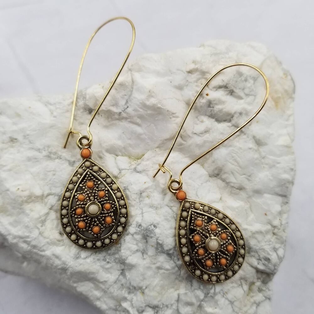 Boho Orange Teardrop Beaded Dangle Earrings